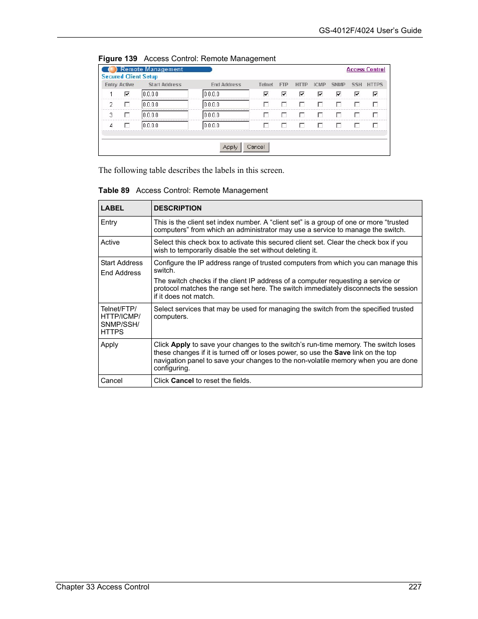Figure 139 access control: remote management, Table 89 access control: remote management | ZyXEL Communications GS-4012F/4024 User Manual | Page 228 / 363