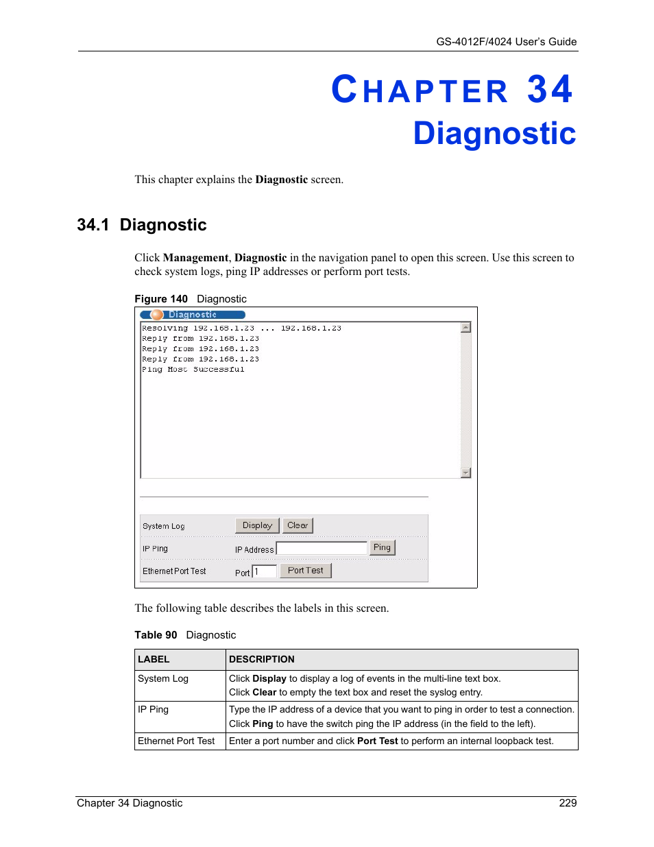 Diagnostic, Chapter 34 diagnostic, 1 diagnostic | Figure 140 diagnostic, Table 90 diagnostic | ZyXEL Communications GS-4012F/4024 User Manual | Page 230 / 363