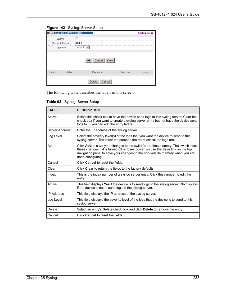 Figure 142 syslog: server setup, Table 93 syslog: server setup | ZyXEL Communications GS-4012F/4024 User Manual | Page 234 / 363