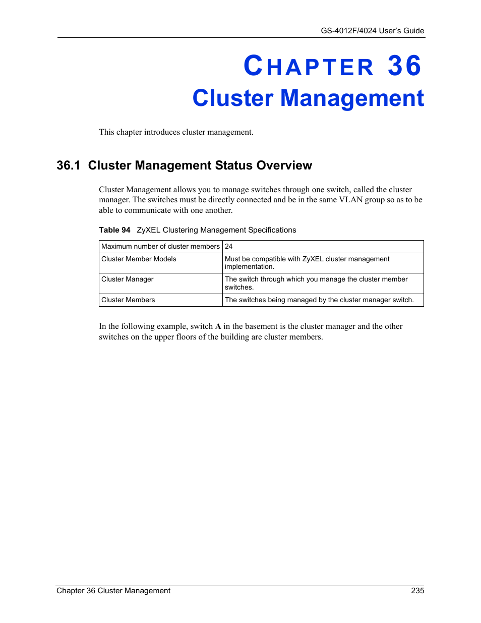 Cluster management, Chapter 36 cluster management, 1 cluster management status overview | ZyXEL Communications GS-4012F/4024 User Manual | Page 236 / 363