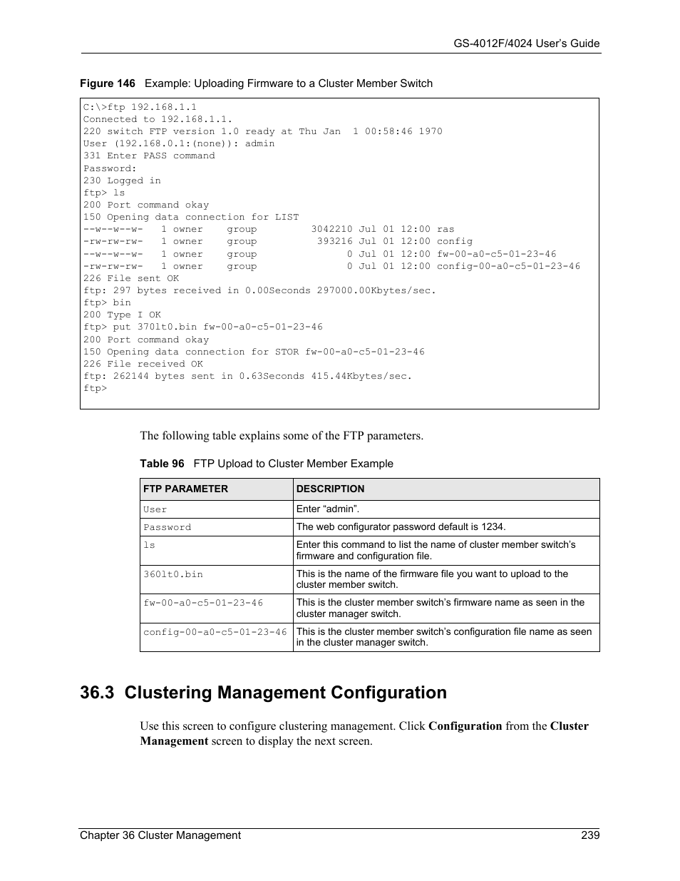 3 clustering management configuration, Table 96 ftp upload to cluster member example | ZyXEL Communications GS-4012F/4024 User Manual | Page 240 / 363