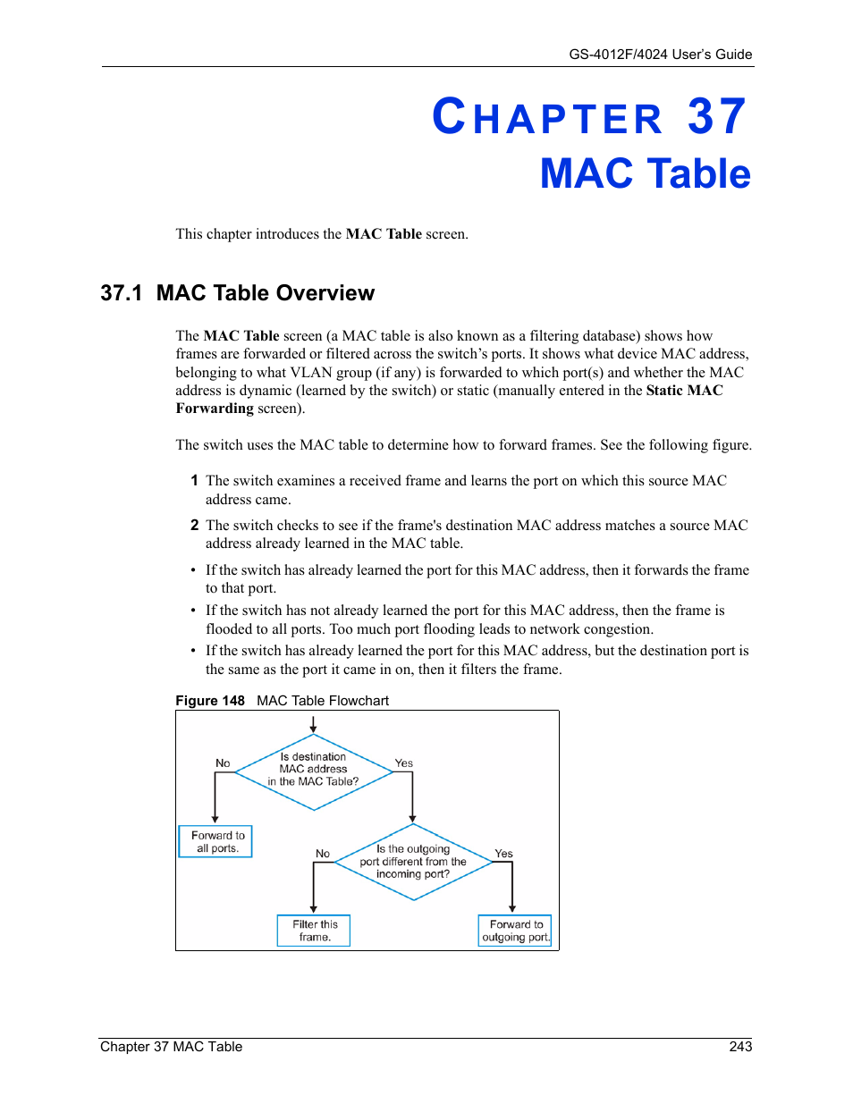 Mac table, Chapter 37 mac table, 1 mac table overview | Figure 148 mac table flowchart | ZyXEL Communications GS-4012F/4024 User Manual | Page 244 / 363