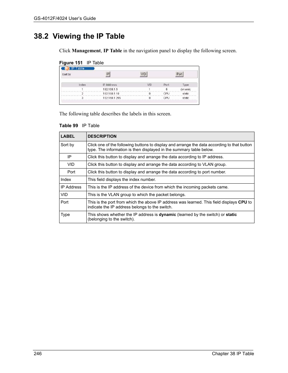 2 viewing the ip table, Figure 151 ip table, Table 99 ip table | ZyXEL Communications GS-4012F/4024 User Manual | Page 247 / 363