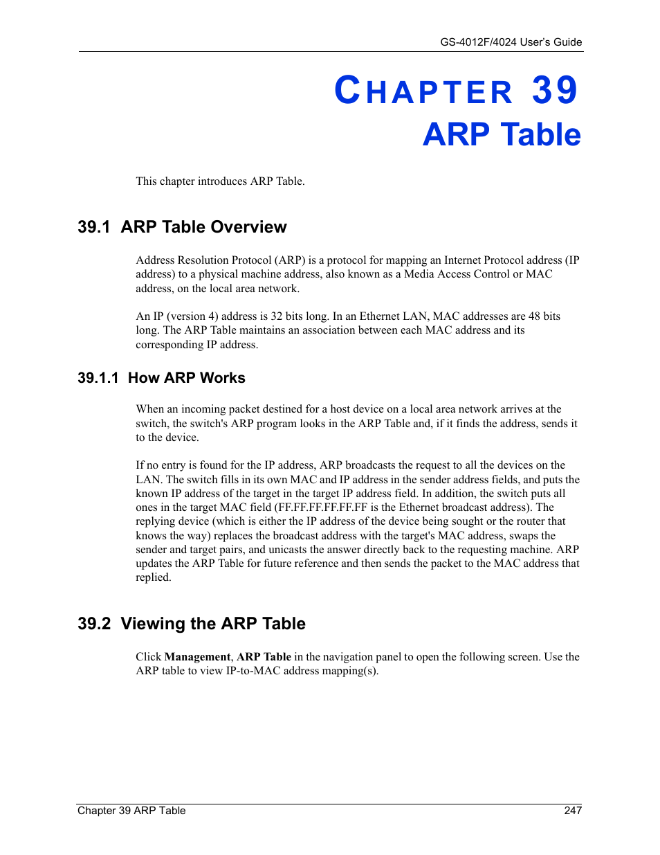 Arp table, 1 how arp works, 2 viewing the arp table | Chapter 39 arp table, 1 arp table overview | ZyXEL Communications GS-4012F/4024 User Manual | Page 248 / 363