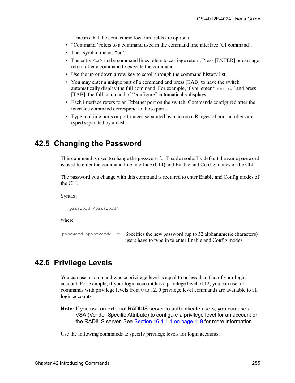5 changing the password, 6 privilege levels, 5 changing the password 42.6 privilege levels | ZyXEL Communications GS-4012F/4024 User Manual | Page 256 / 363
