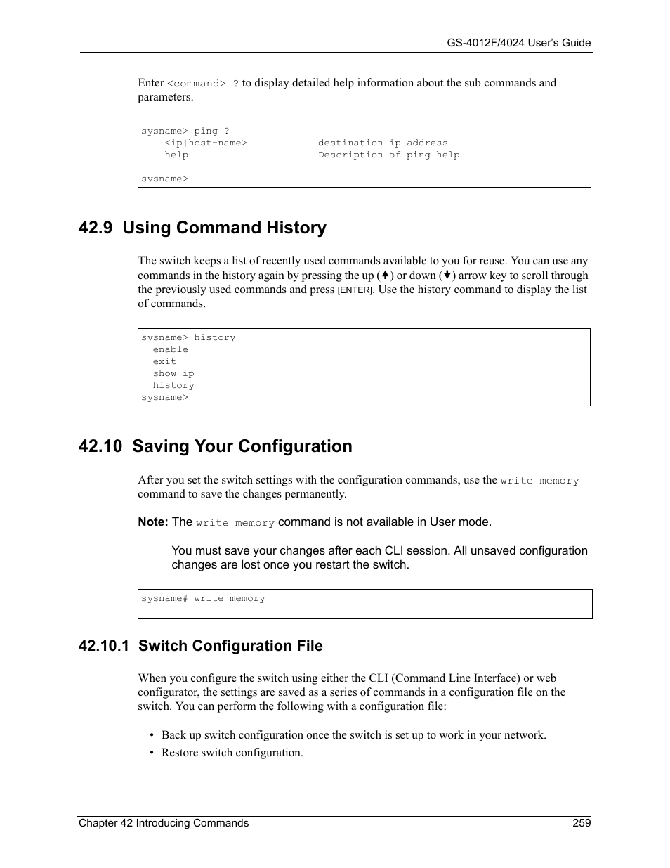 9 using command history, 10 saving your configuration, 1 switch configuration file | ZyXEL Communications GS-4012F/4024 User Manual | Page 260 / 363