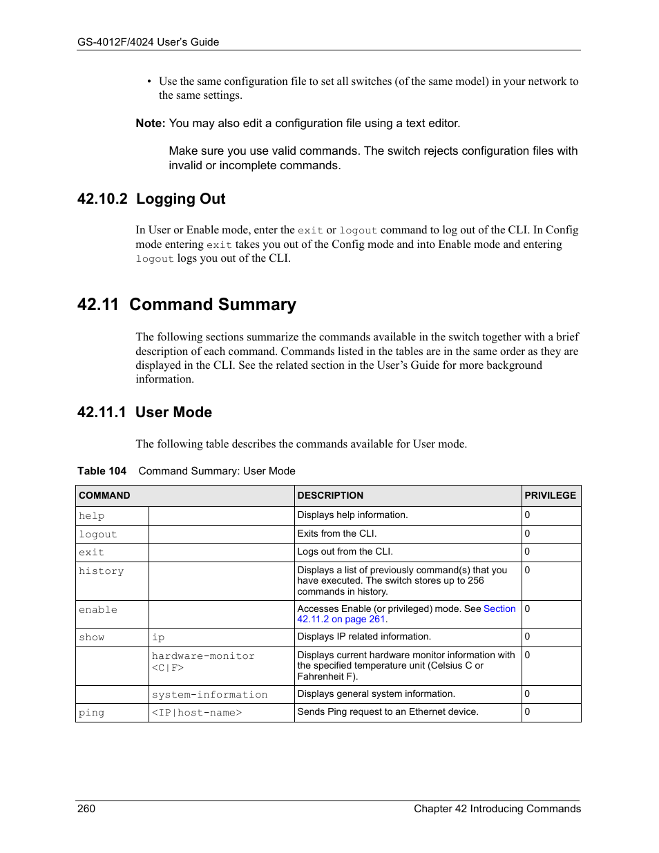 2 logging out, 11 command summary, 1 user mode | Table 104 command summary: user mode | ZyXEL Communications GS-4012F/4024 User Manual | Page 261 / 363