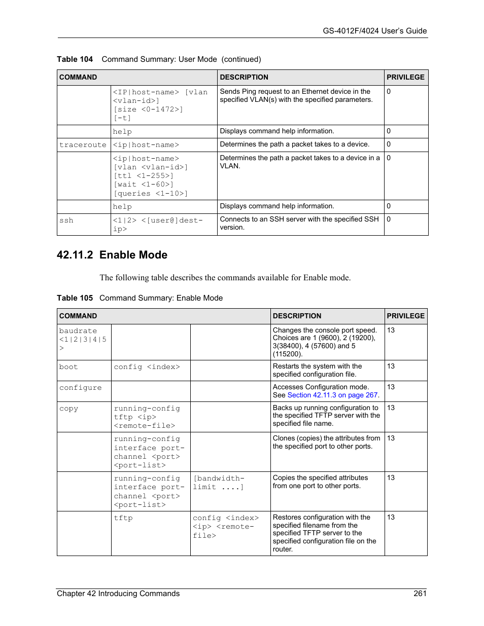 2 enable mode, Table 105 command summary: enable mode, De. see | Section | ZyXEL Communications GS-4012F/4024 User Manual | Page 262 / 363