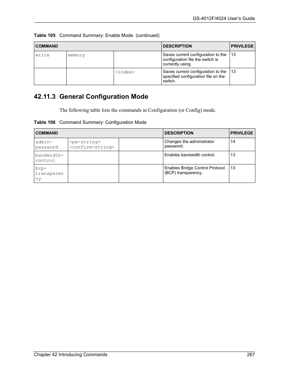 3 general configuration mode, Table 106 command summary: configuration mode | ZyXEL Communications GS-4012F/4024 User Manual | Page 268 / 363