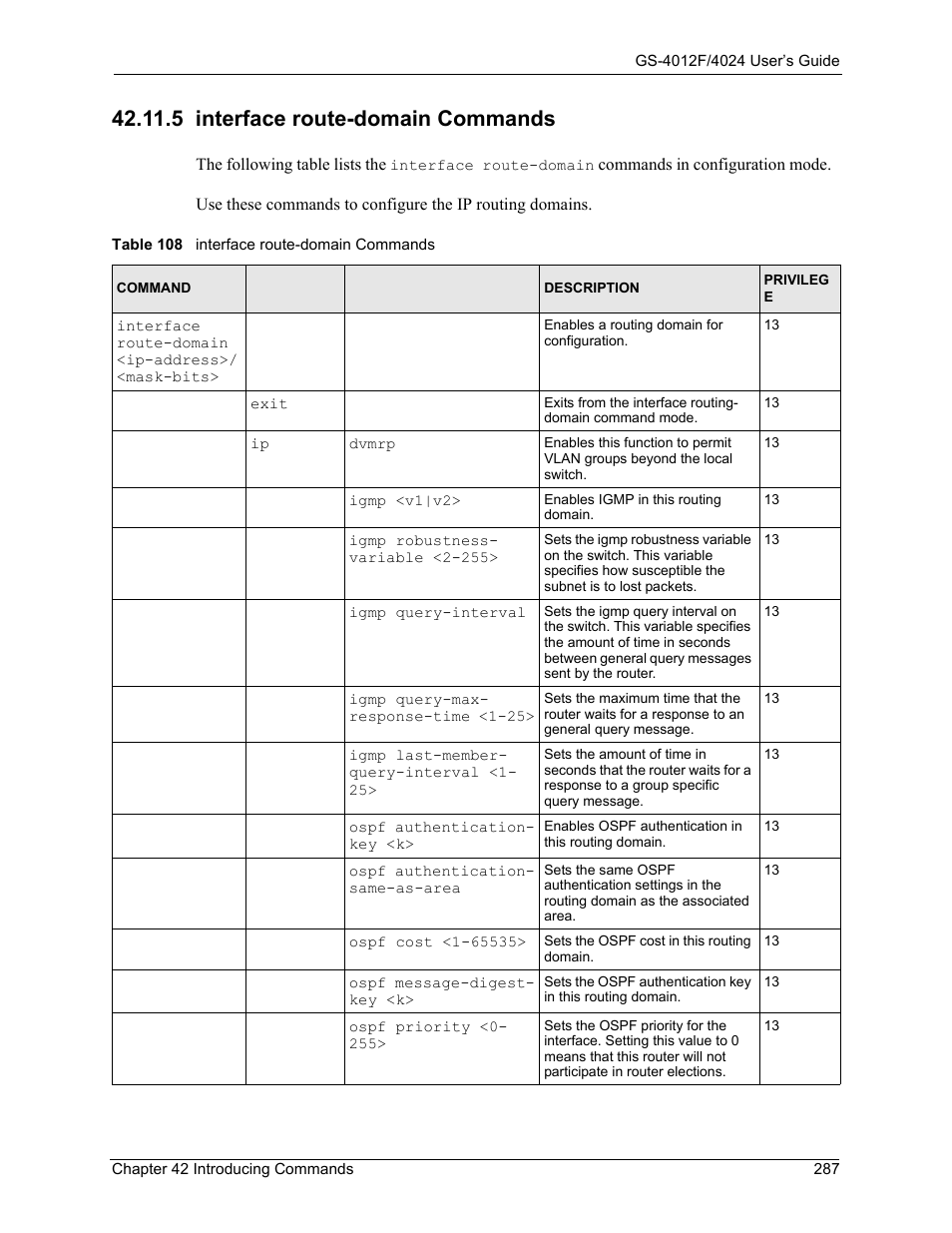 5 interface route-domain commands, Table 108 interface route-domain commands, Section | ZyXEL Communications GS-4012F/4024 User Manual | Page 288 / 363