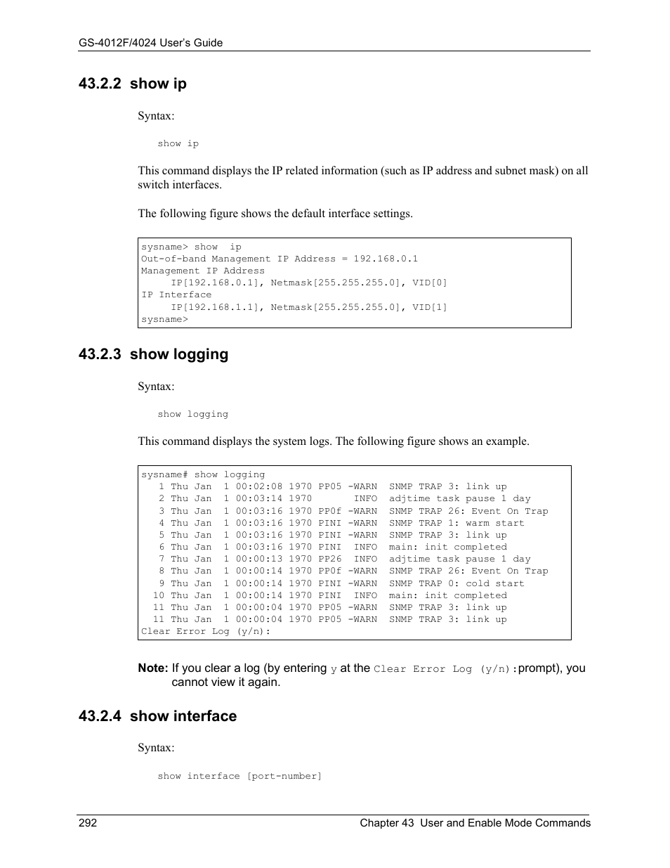 2 show ip, 3 show logging, 4 show interface | ZyXEL Communications GS-4012F/4024 User Manual | Page 293 / 363