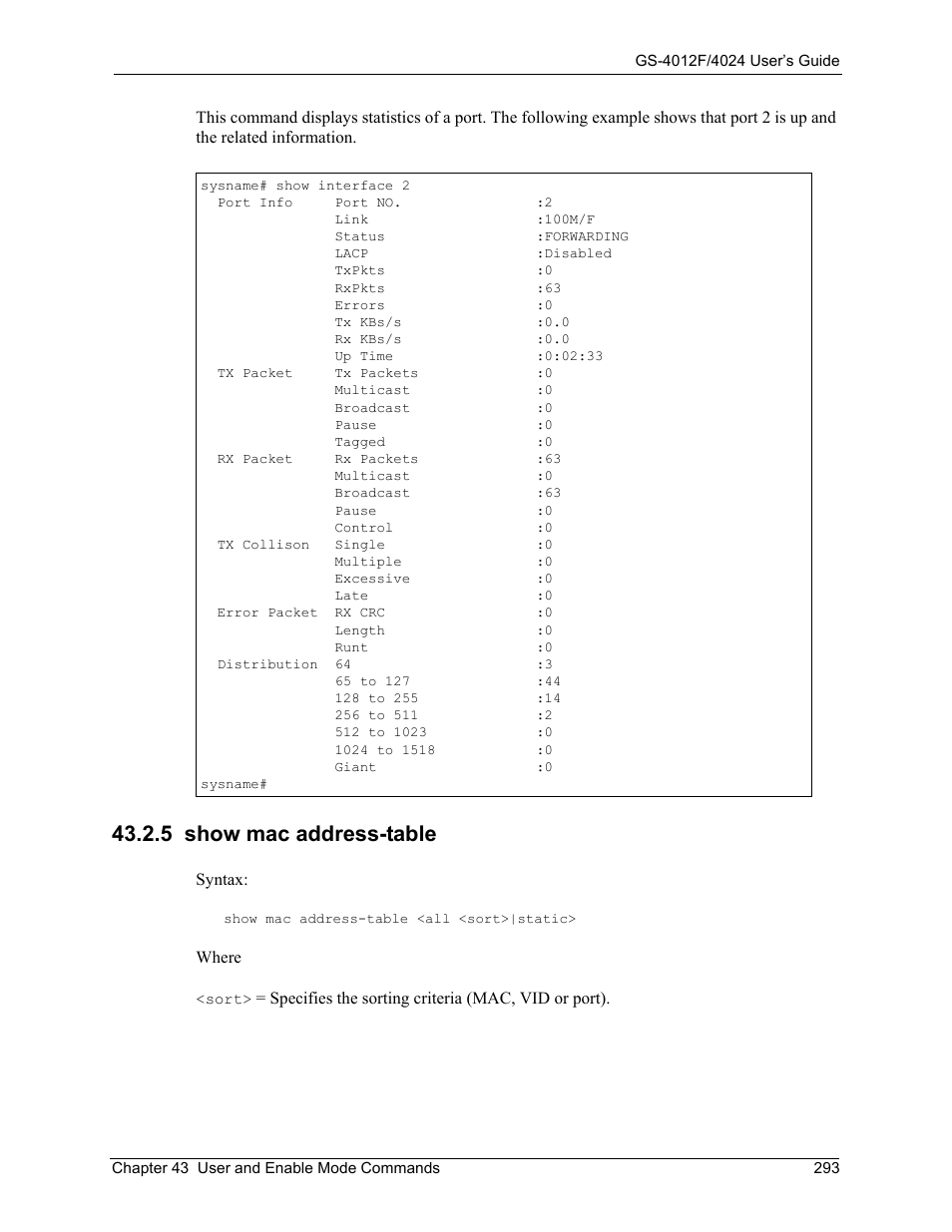 5 show mac address-table | ZyXEL Communications GS-4012F/4024 User Manual | Page 294 / 363