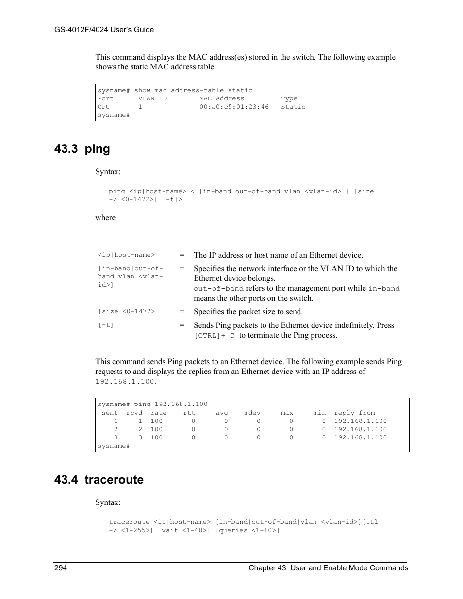 3 ping, 4 traceroute, 3 ping 43.4 traceroute | ZyXEL Communications GS-4012F/4024 User Manual | Page 295 / 363