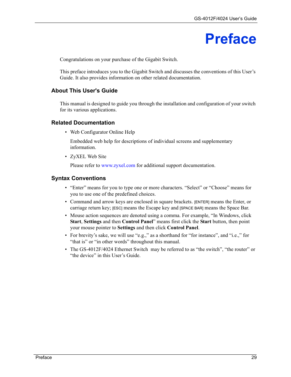 Preface | ZyXEL Communications GS-4012F/4024 User Manual | Page 30 / 363