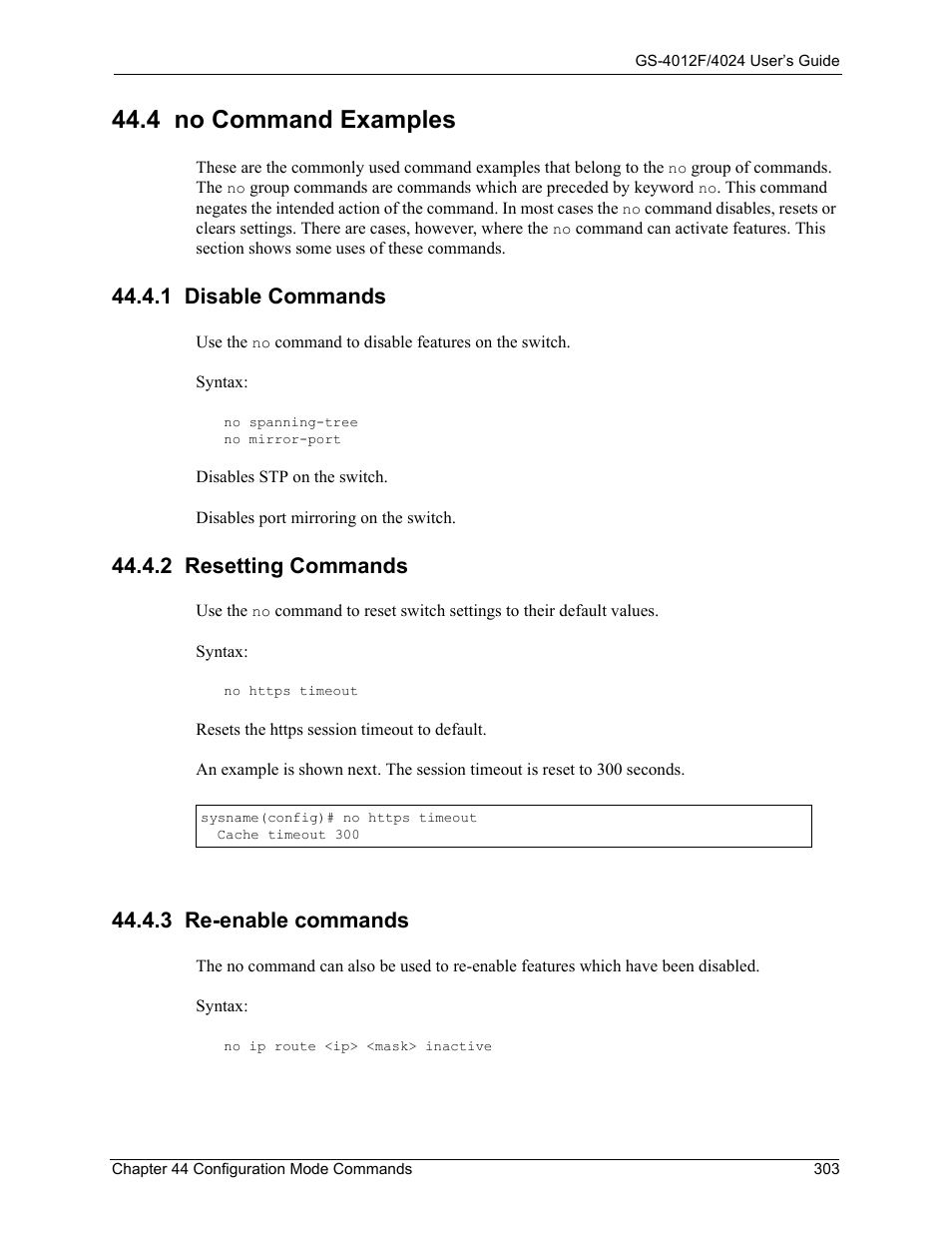 4 no command examples, 1 disable commands, 2 resetting commands | 3 re-enable commands | ZyXEL Communications GS-4012F/4024 User Manual | Page 304 / 363