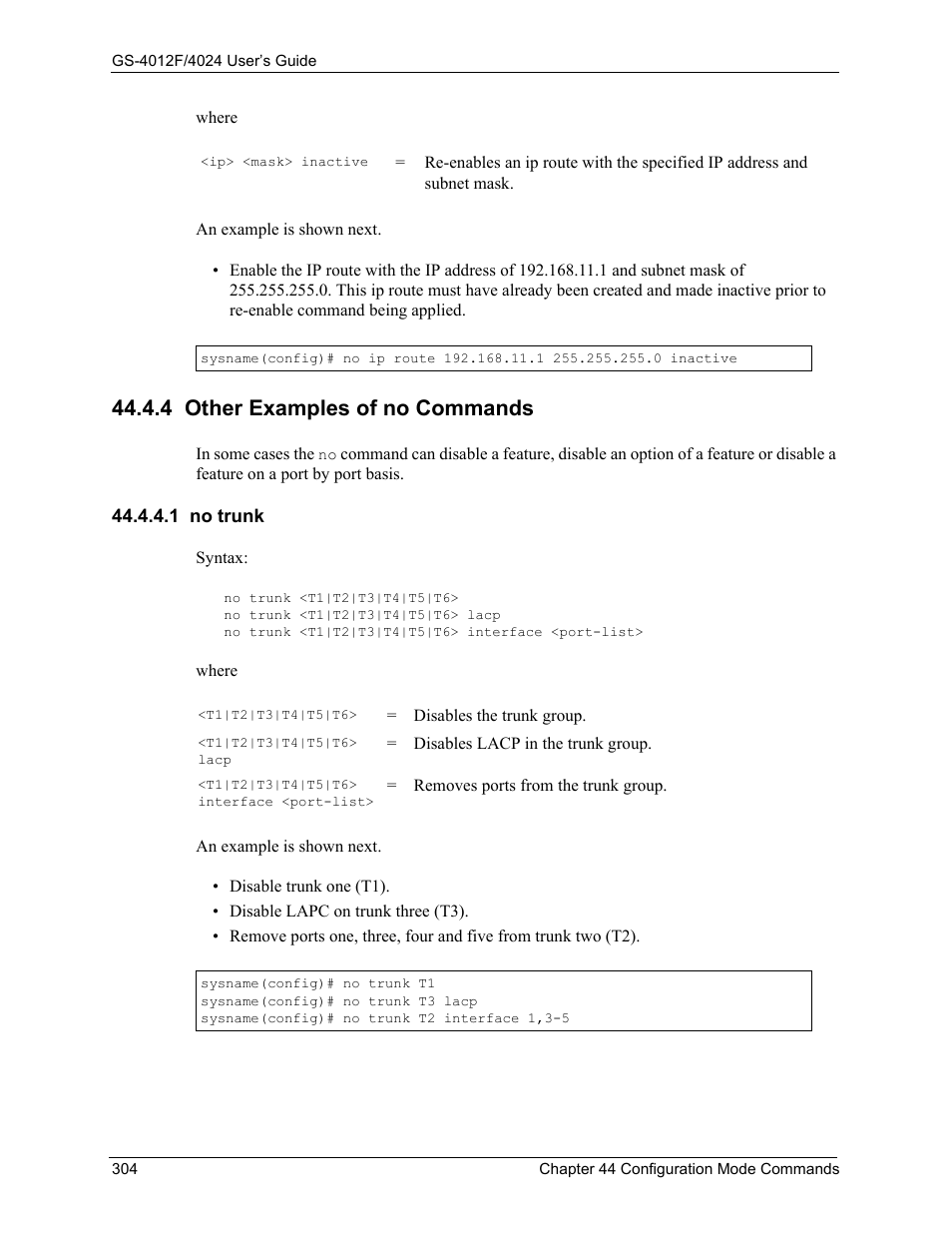4 other examples of no commands, 1 no trunk | ZyXEL Communications GS-4012F/4024 User Manual | Page 305 / 363