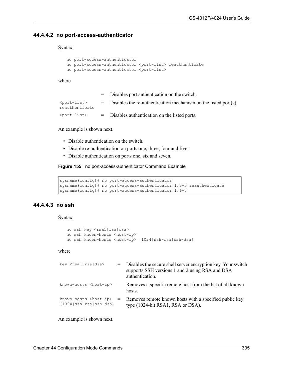 2 no port-access-authenticator, 3 no ssh, 2 no port-access-authenticator 44.4.4.3 no ssh | ZyXEL Communications GS-4012F/4024 User Manual | Page 306 / 363