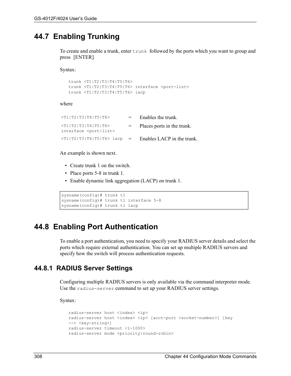 7 enabling trunking, 8 enabling port authentication, 1 radius server settings | ZyXEL Communications GS-4012F/4024 User Manual | Page 309 / 363