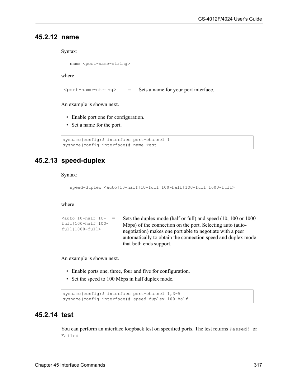 12 name, 13 speed-duplex, 14 test | 12 name 45.2.13 speed-duplex 45.2.14 test | ZyXEL Communications GS-4012F/4024 User Manual | Page 318 / 363