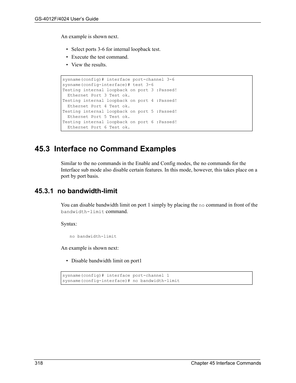 3 interface no command examples, 1 no bandwidth-limit | ZyXEL Communications GS-4012F/4024 User Manual | Page 319 / 363