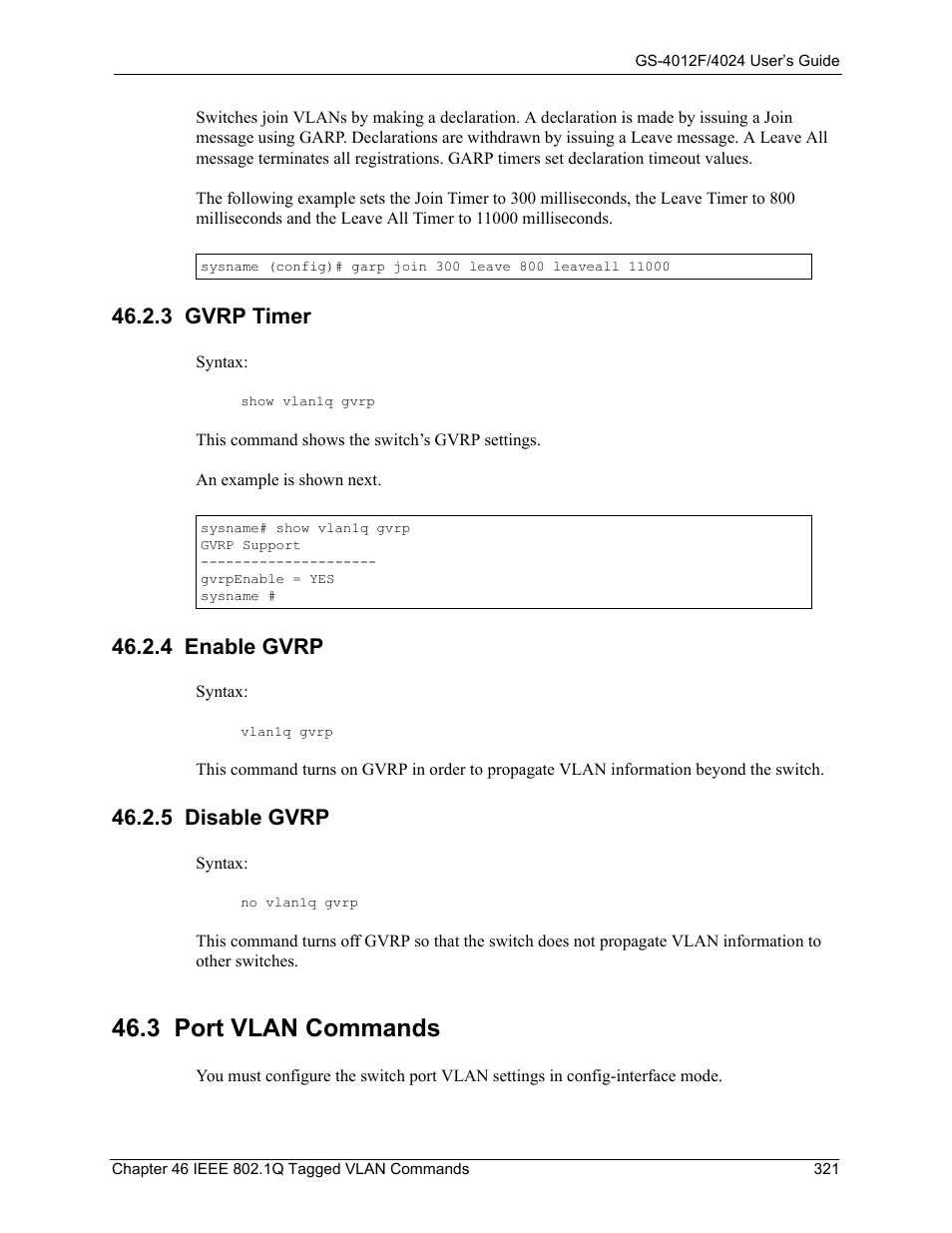 3 gvrp timer, 4 enable gvrp, 5 disable gvrp | 3 port vlan commands | ZyXEL Communications GS-4012F/4024 User Manual | Page 322 / 363