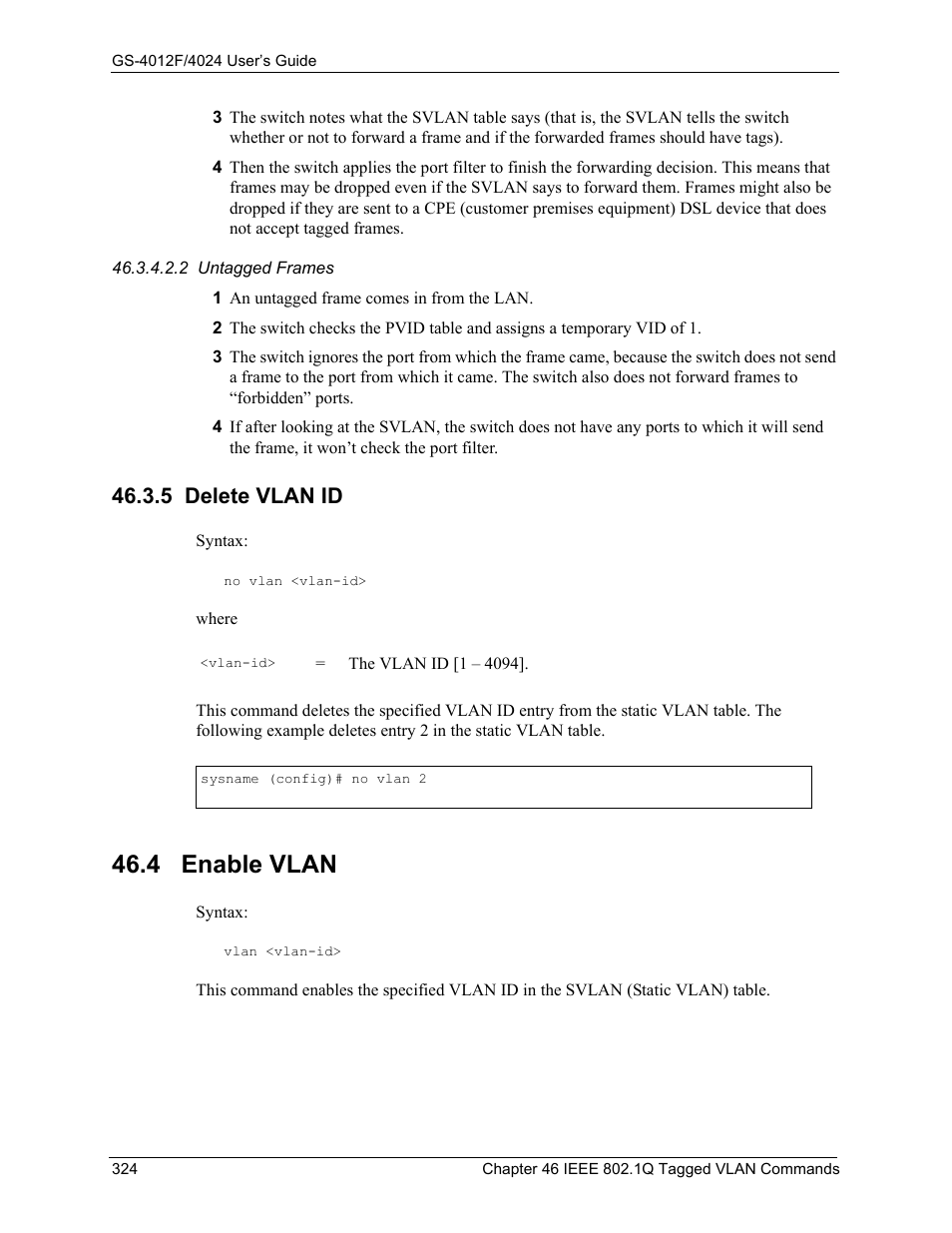 5 delete vlan id, 4 enable vlan | ZyXEL Communications GS-4012F/4024 User Manual | Page 325 / 363