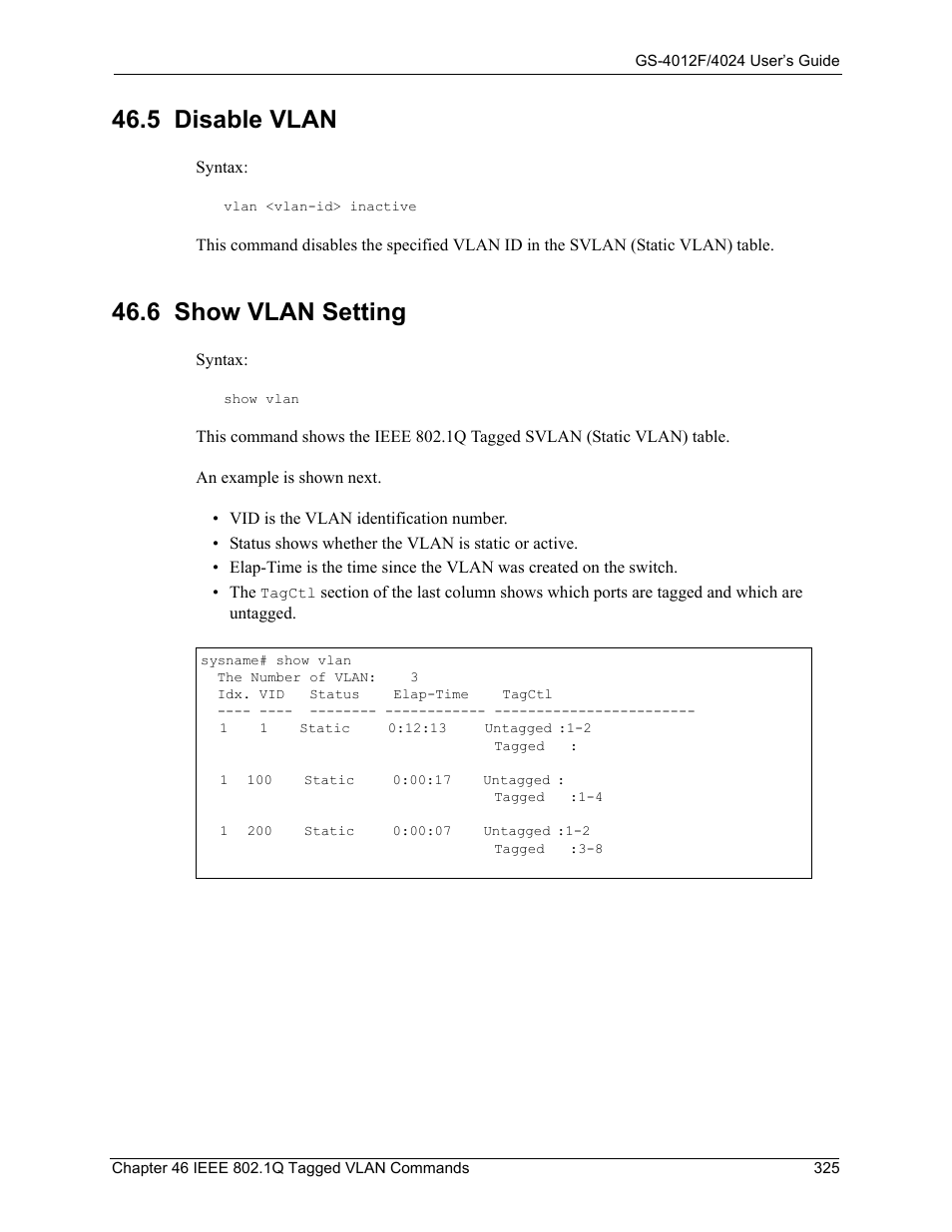 5 disable vlan, 6 show vlan setting, 5 disable vlan 46.6 show vlan setting | ZyXEL Communications GS-4012F/4024 User Manual | Page 326 / 363