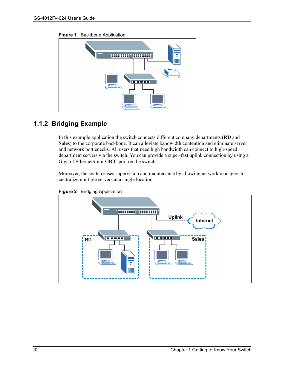 2 bridging example | ZyXEL Communications GS-4012F/4024 User Manual | Page 33 / 363