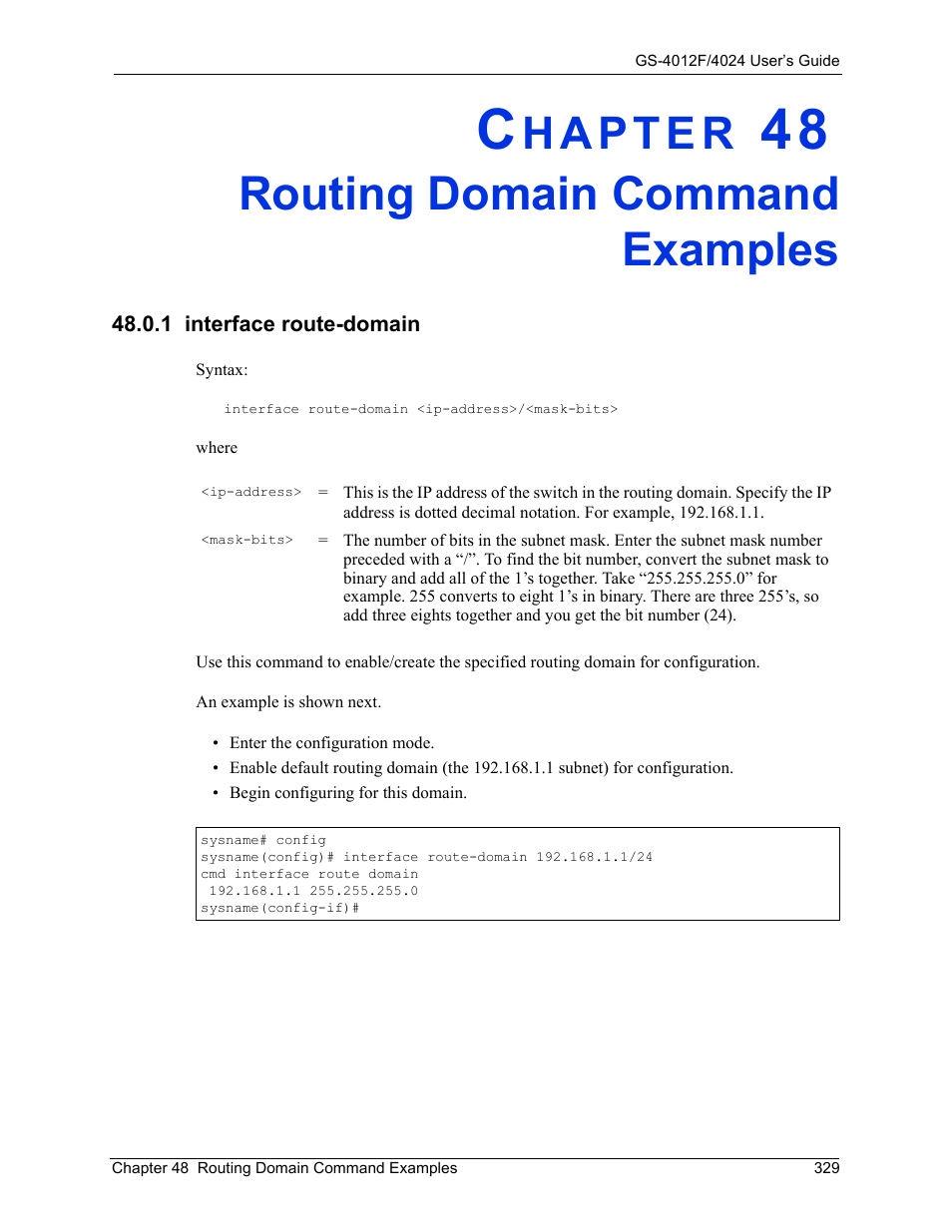 Routing domain command examples, 1 interface route-domain, Chapter 48 routing domain command examples | ZyXEL Communications GS-4012F/4024 User Manual | Page 330 / 363