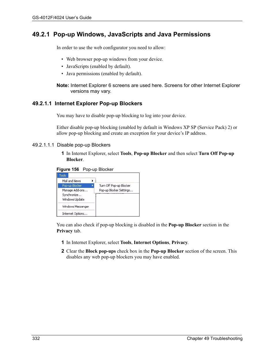 1 pop-up windows, javascripts and java permissions, 1 internet explorer pop-up blockers, Figure 156 pop-up blocker | ZyXEL Communications GS-4012F/4024 User Manual | Page 333 / 363