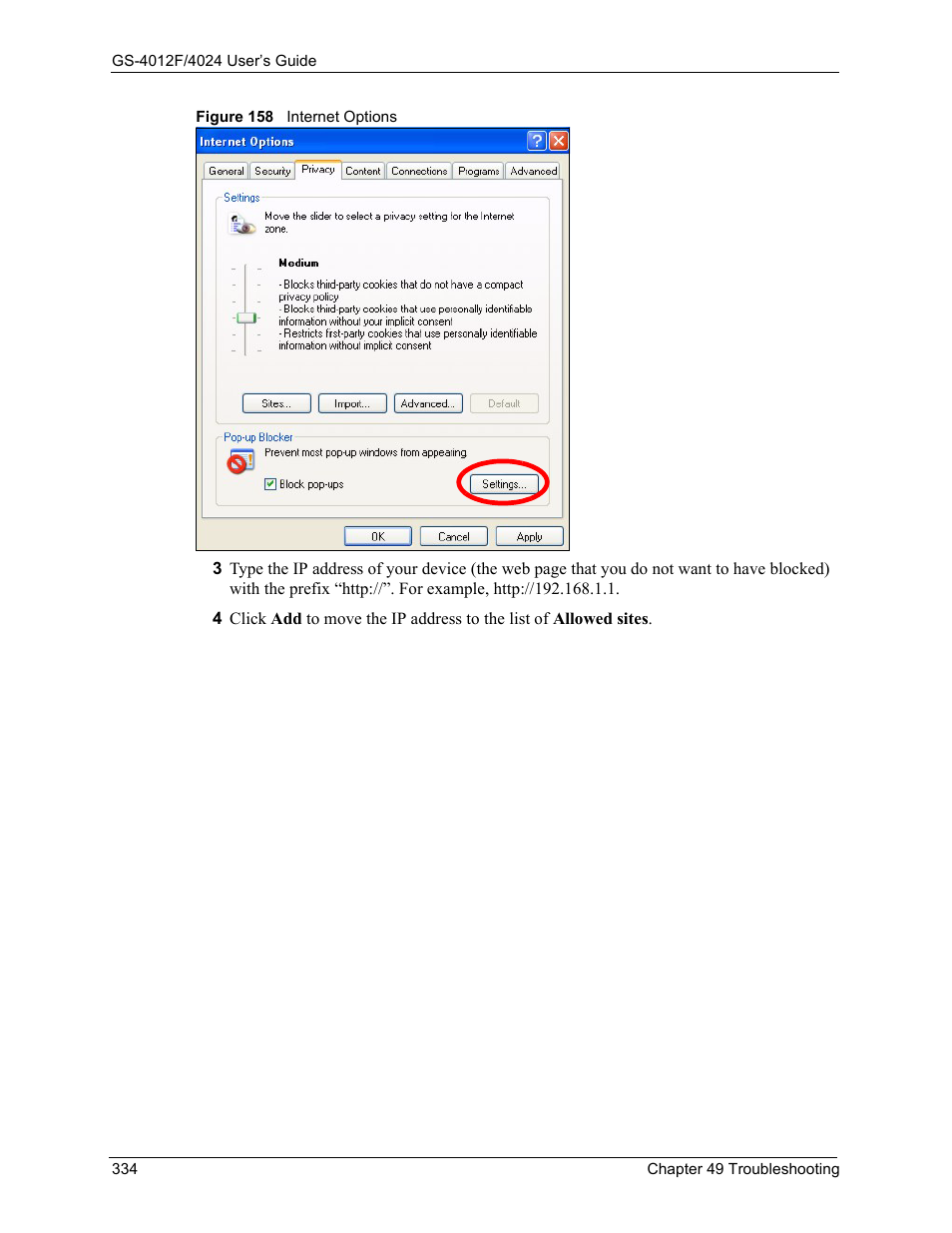 Figure 158 internet options | ZyXEL Communications GS-4012F/4024 User Manual | Page 335 / 363