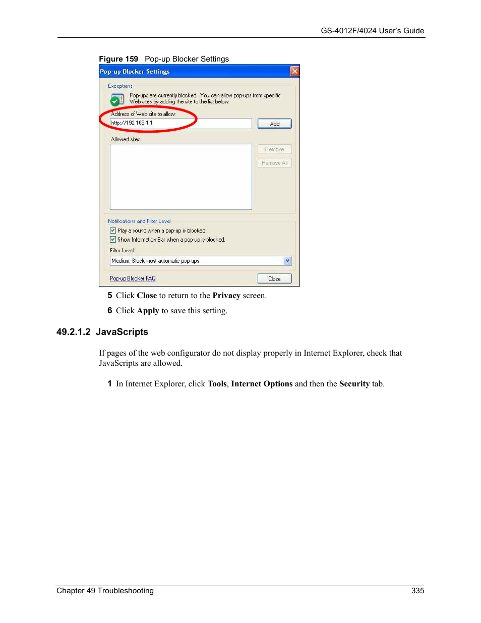 2 javascripts, Figure 159 pop-up blocker settings | ZyXEL Communications GS-4012F/4024 User Manual | Page 336 / 363