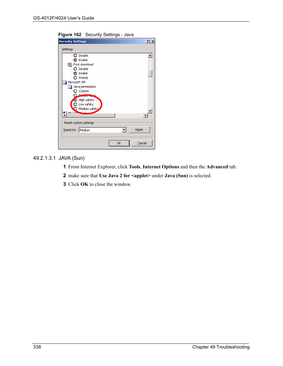 Figure 162 security settings - java | ZyXEL Communications GS-4012F/4024 User Manual | Page 339 / 363