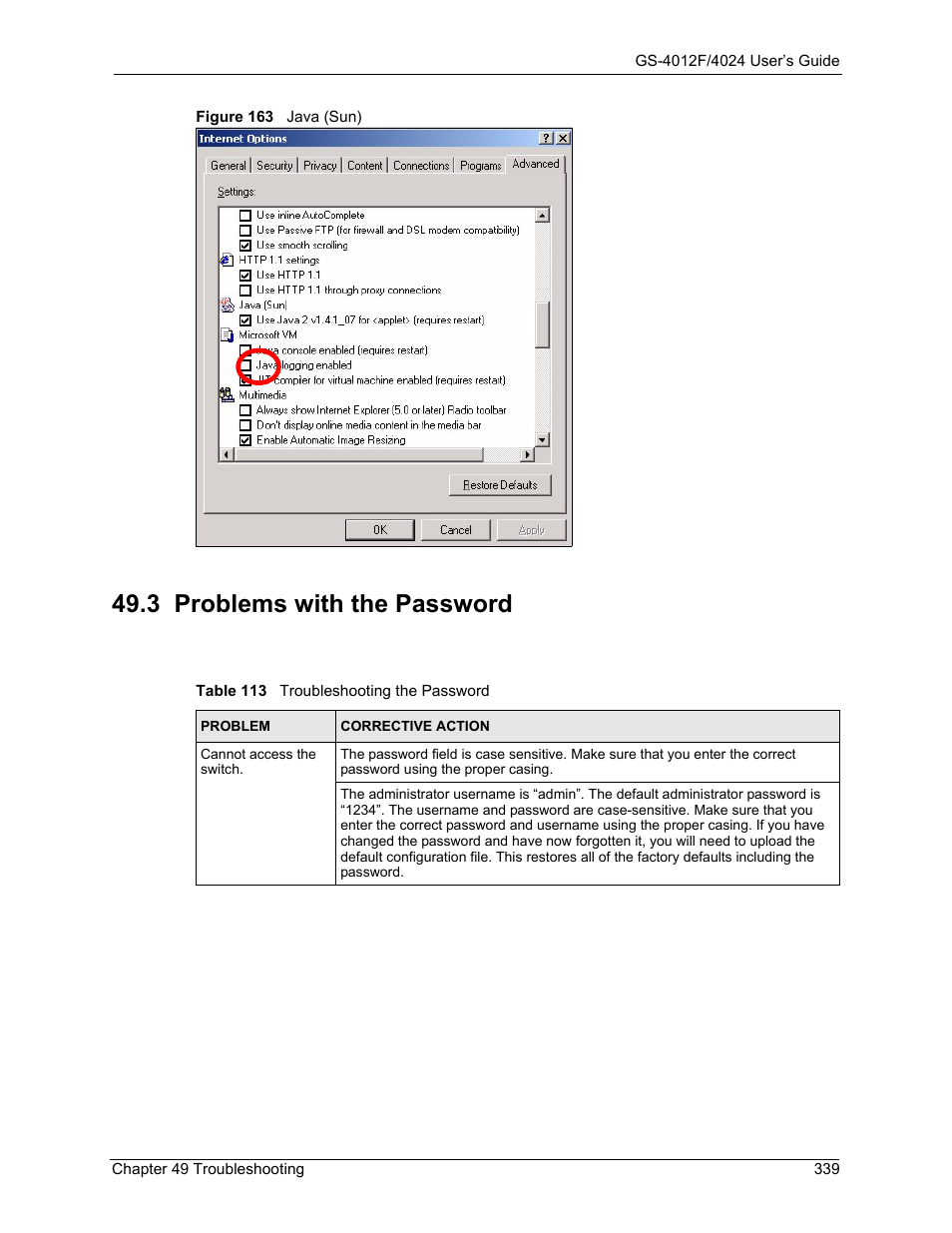 3 problems with the password, Figure 163 java (sun), Table 113 troubleshooting the password | ZyXEL Communications GS-4012F/4024 User Manual | Page 340 / 363