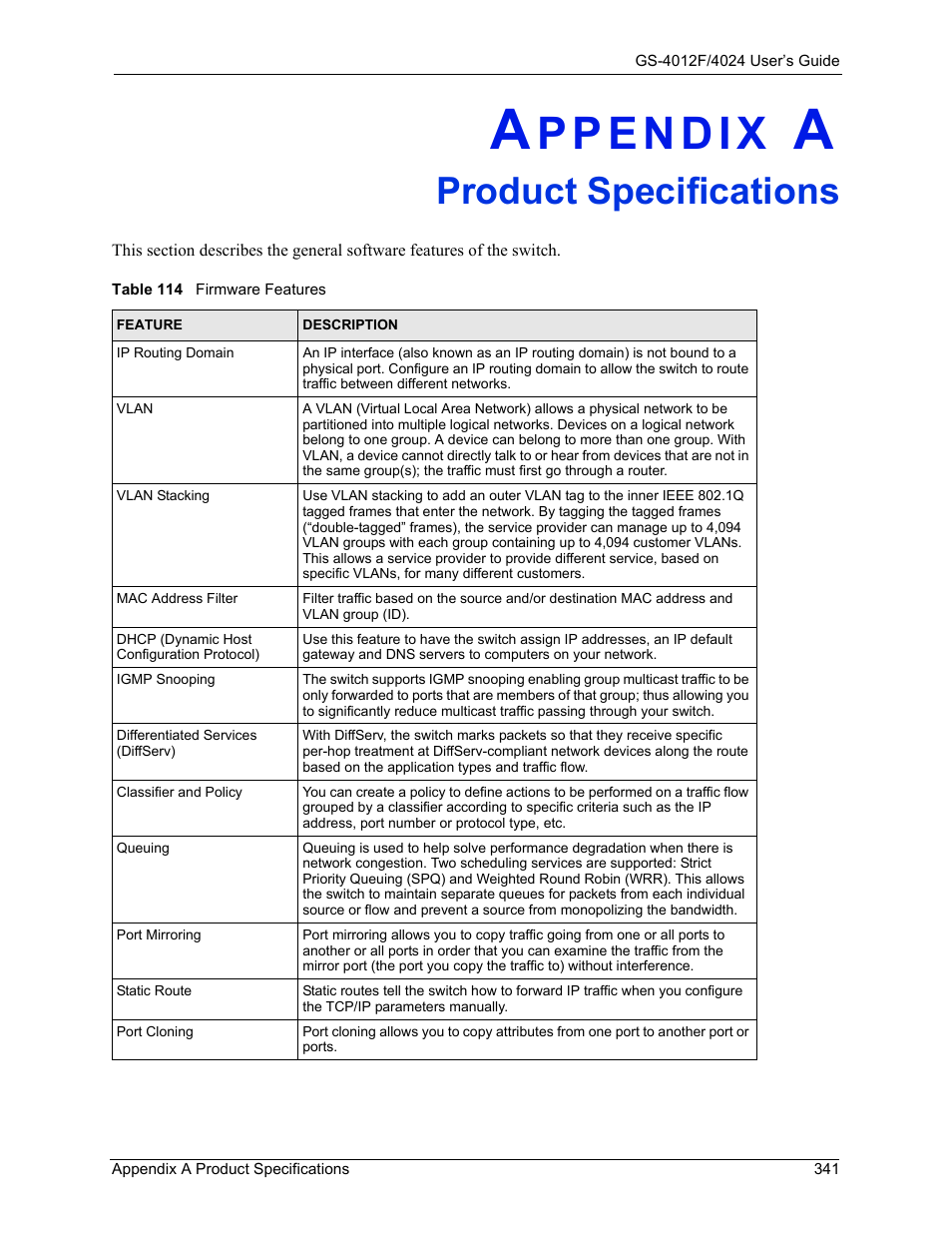 Product specifications, Appendix a product specifications, Table 114 firmware features | ZyXEL Communications GS-4012F/4024 User Manual | Page 342 / 363