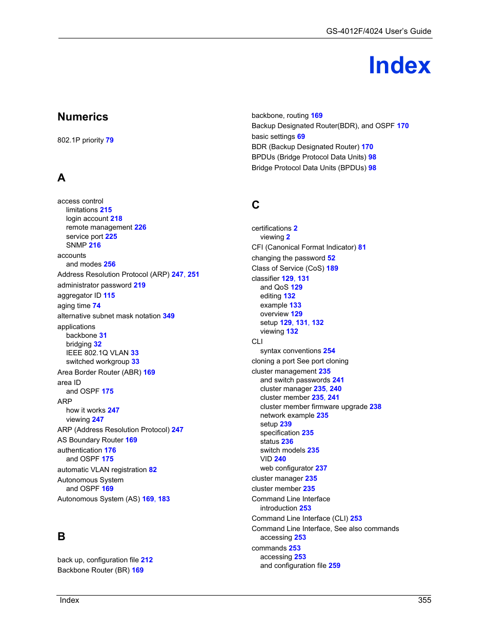 Index, Numerics | ZyXEL Communications GS-4012F/4024 User Manual | Page 356 / 363