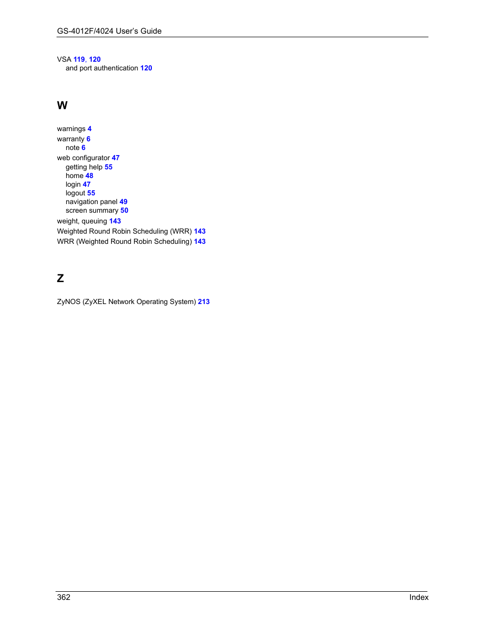 ZyXEL Communications GS-4012F/4024 User Manual | Page 363 / 363