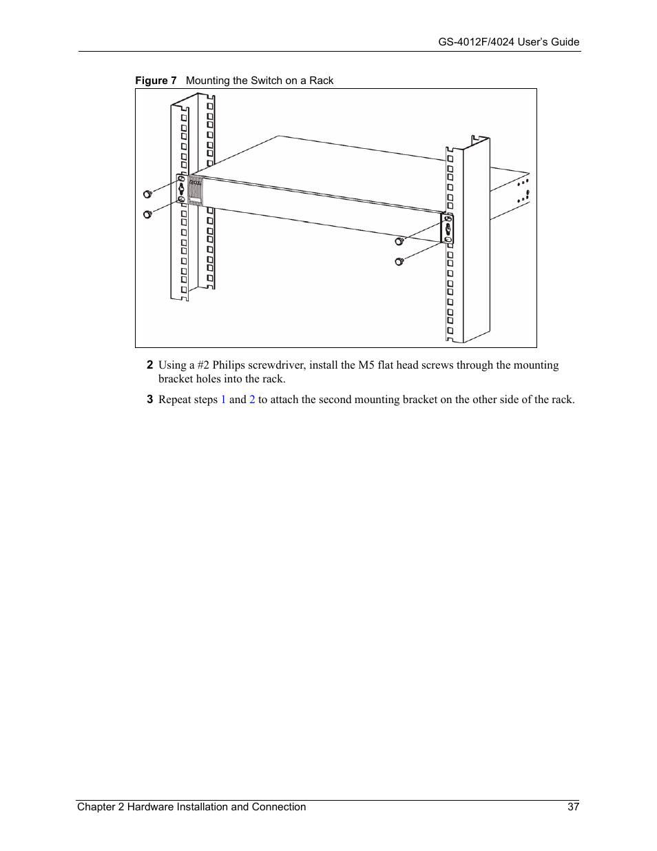 Figure 7 mounting the switch on a rack | ZyXEL Communications GS-4012F/4024 User Manual | Page 38 / 363