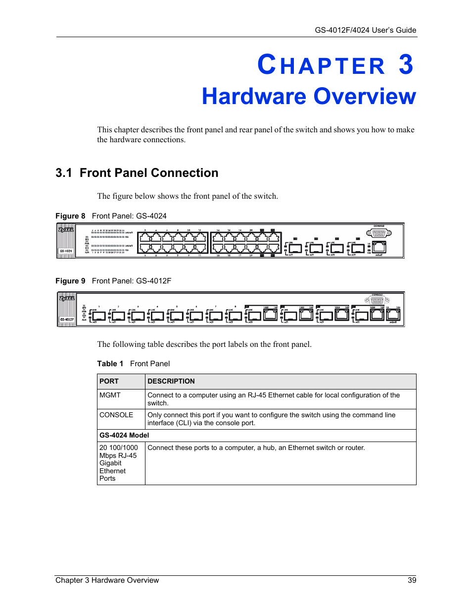 Hardware overview, 1 front panel connection, Chapter 3 hardware overview | Table 1 front panel | ZyXEL Communications GS-4012F/4024 User Manual | Page 40 / 363