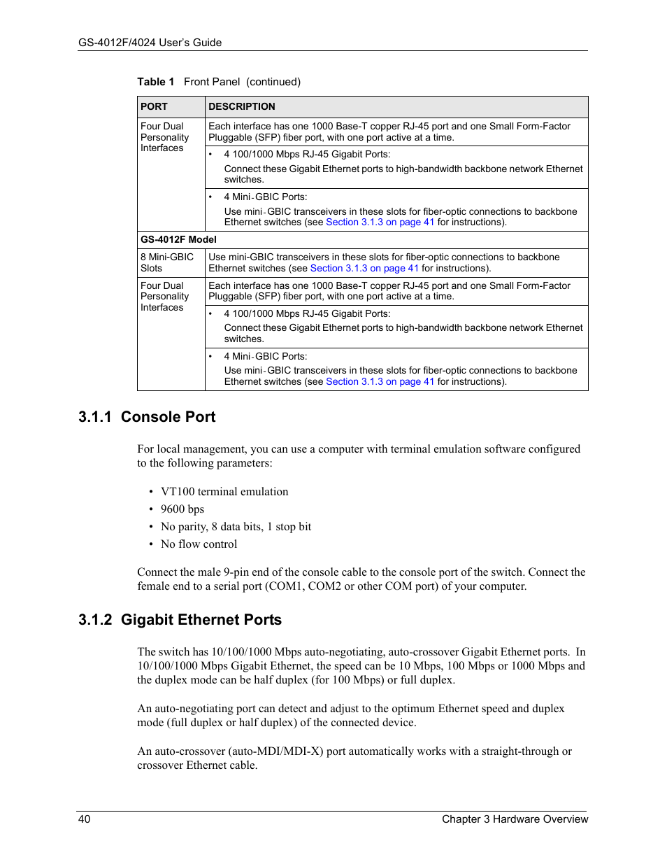 1 console port, 2 gigabit ethernet ports, 1 console port 3.1.2 gigabit ethernet ports | ZyXEL Communications GS-4012F/4024 User Manual | Page 41 / 363