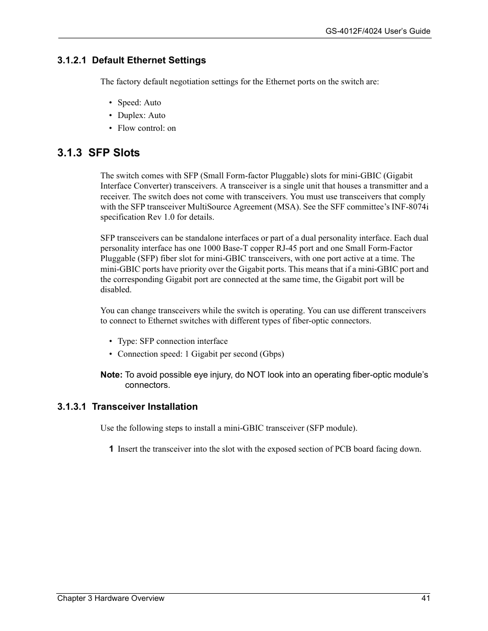 1 default ethernet settings, 3 sfp slots, 1 transceiver installation | Rnet switches (see | ZyXEL Communications GS-4012F/4024 User Manual | Page 42 / 363