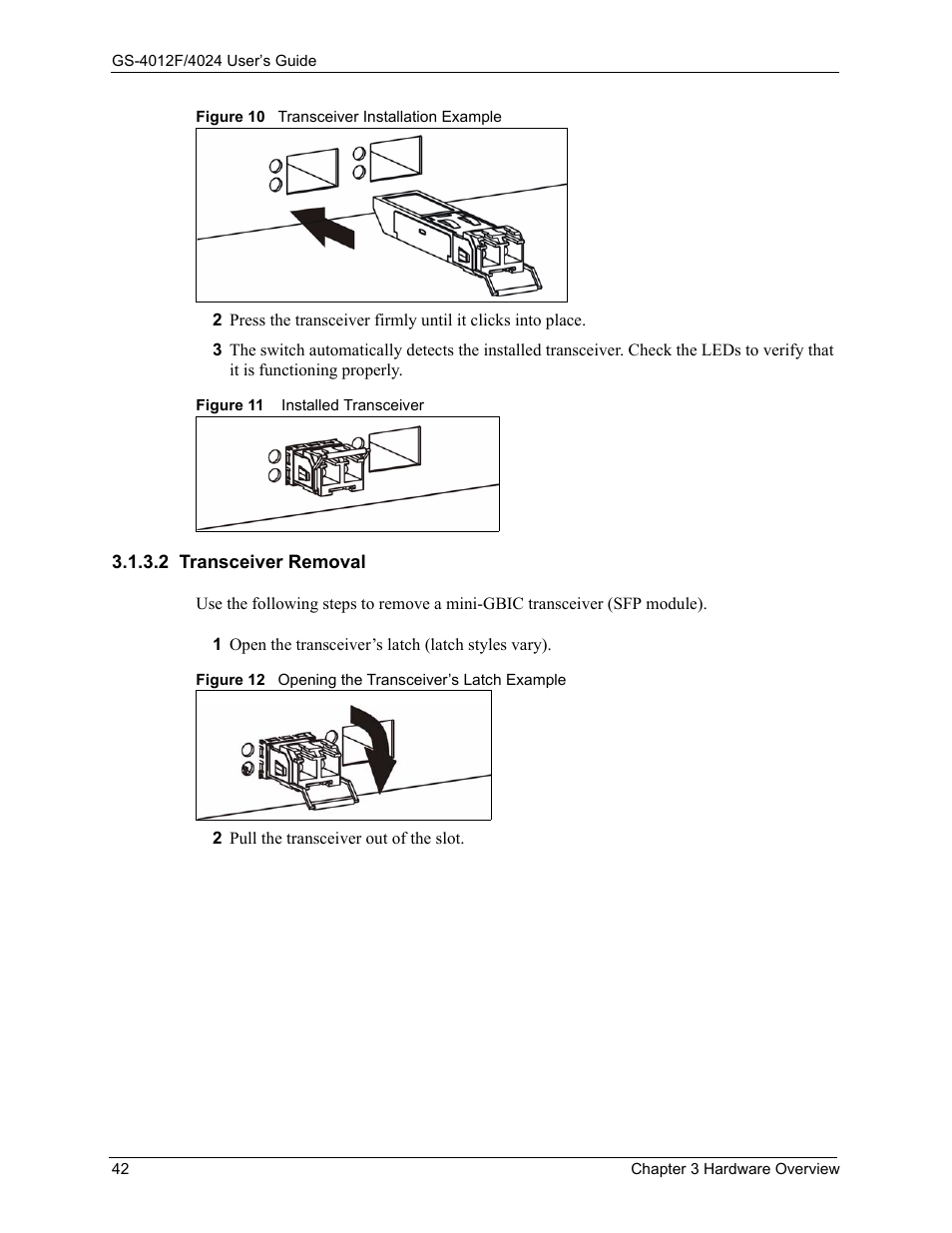 2 transceiver removal | ZyXEL Communications GS-4012F/4024 User Manual | Page 43 / 363