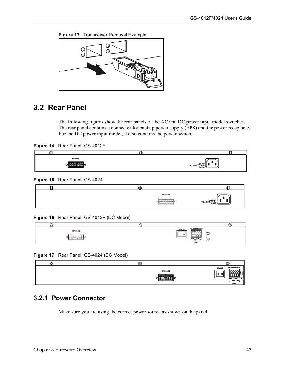 2 rear panel, 1 power connector | ZyXEL Communications GS-4012F/4024 User Manual | Page 44 / 363