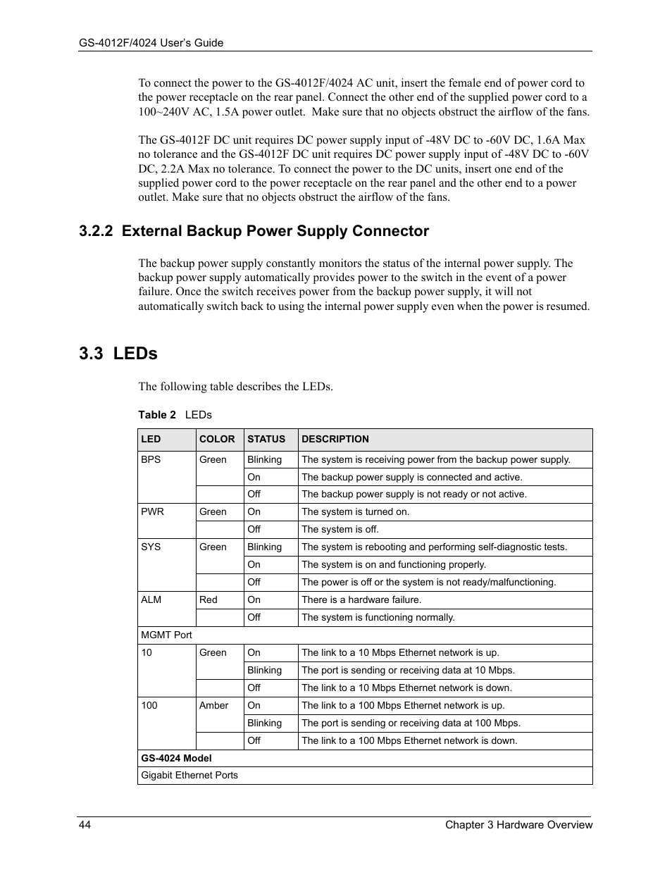 2 external backup power supply connector, 3 leds, Table 2 leds | ZyXEL Communications GS-4012F/4024 User Manual | Page 45 / 363