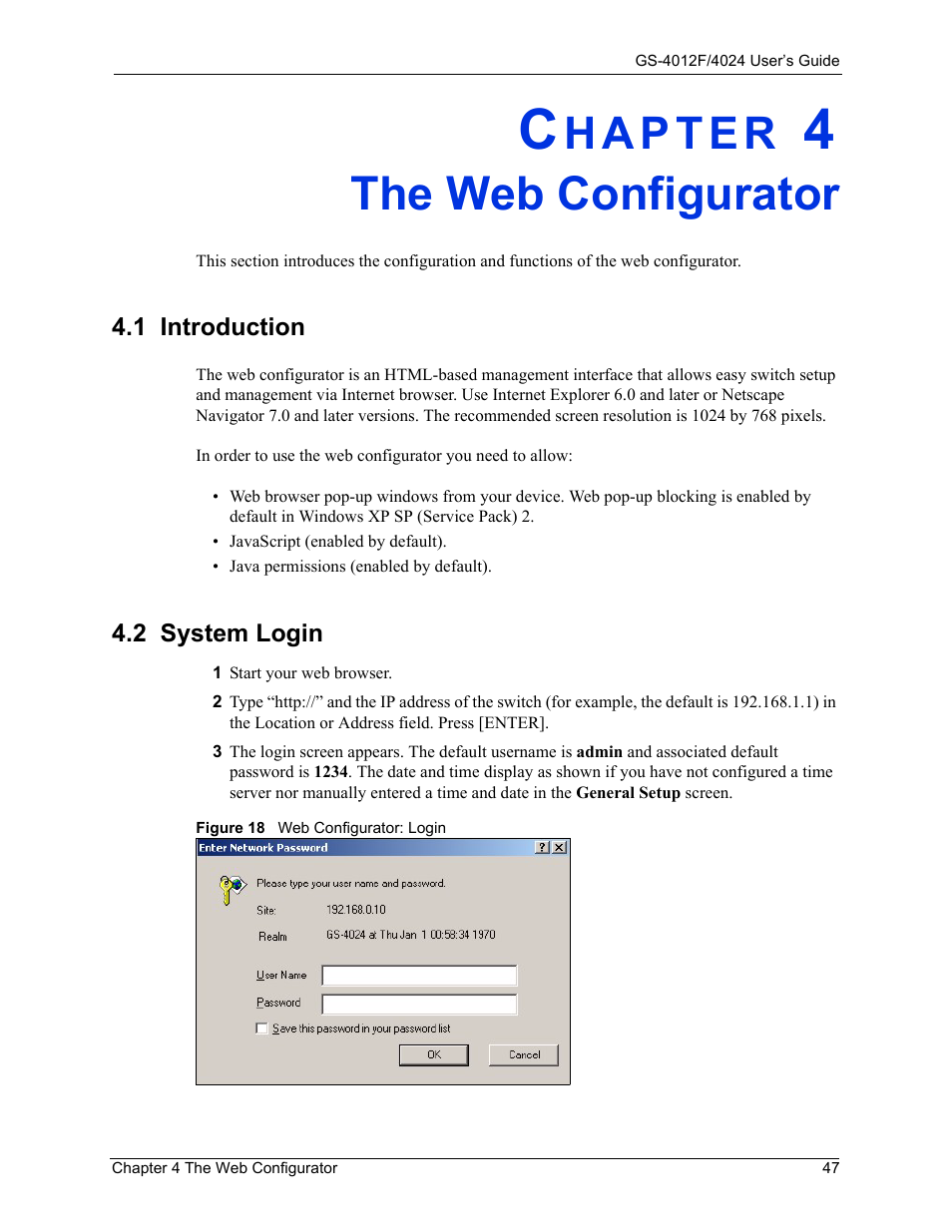 The web configurator, 1 introduction, 2 system login | Chapter 4 the web configurator, 1 introduction 4.2 system login, Figure 18 web configurator: login | ZyXEL Communications GS-4012F/4024 User Manual | Page 48 / 363