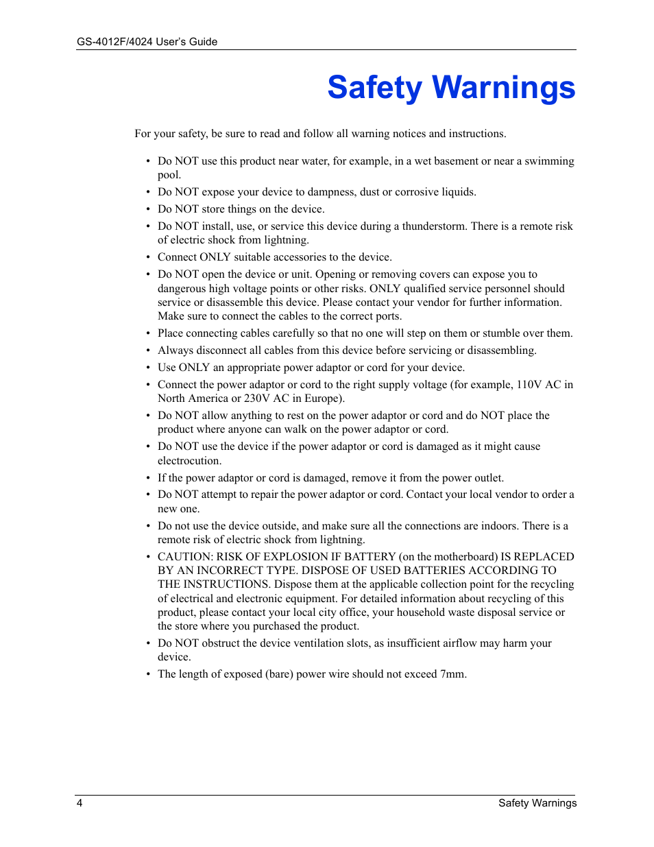 Safety warnings | ZyXEL Communications GS-4012F/4024 User Manual | Page 5 / 363