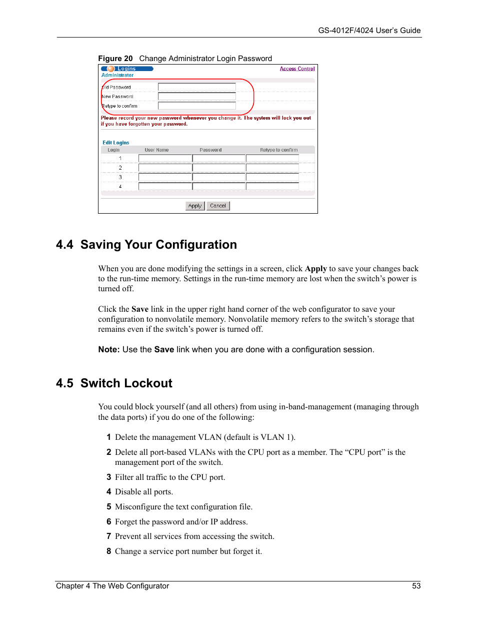 4 saving your configuration, 5 switch lockout, 4 saving your configuration 4.5 switch lockout | Figure 20 change administrator login password | ZyXEL Communications GS-4012F/4024 User Manual | Page 54 / 363