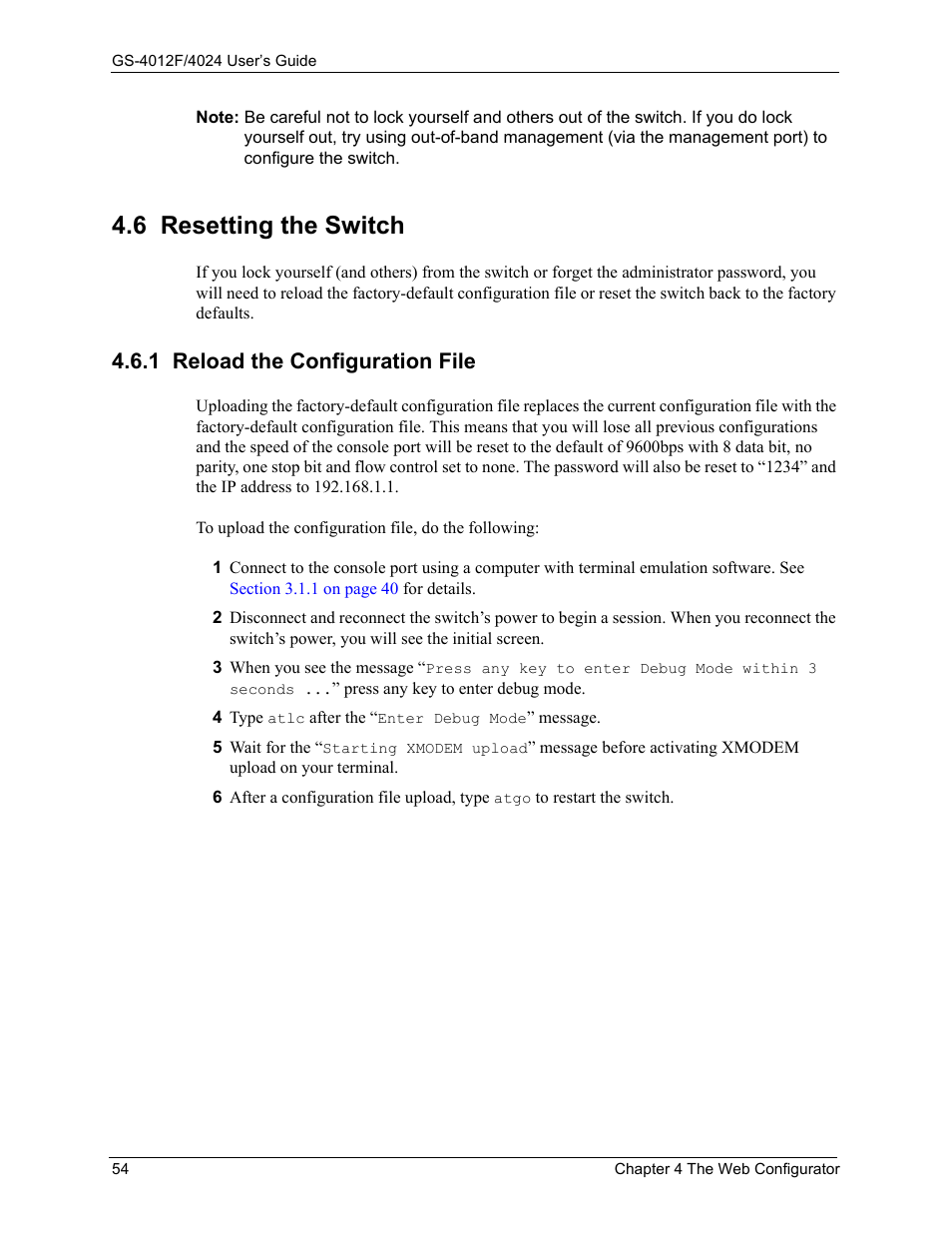 6 resetting the switch, 1 reload the configuration file | ZyXEL Communications GS-4012F/4024 User Manual | Page 55 / 363