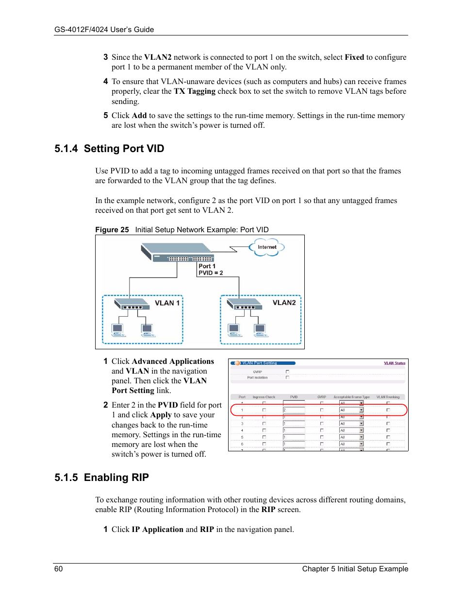 4 setting port vid, 5 enabling rip, 4 setting port vid 5.1.5 enabling rip | Figure 25 initial setup network example: port vid | ZyXEL Communications GS-4012F/4024 User Manual | Page 61 / 363