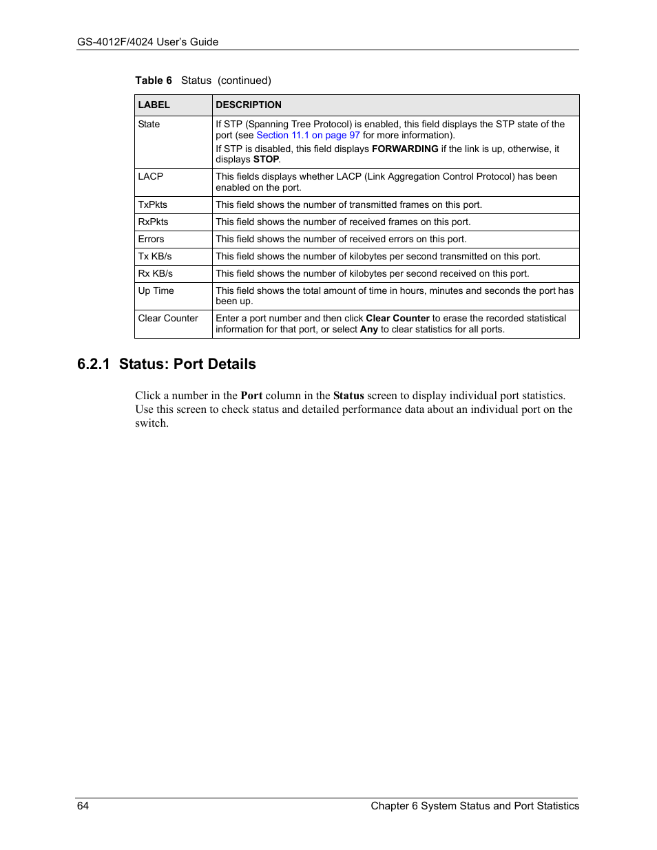 1 status: port details | ZyXEL Communications GS-4012F/4024 User Manual | Page 65 / 363